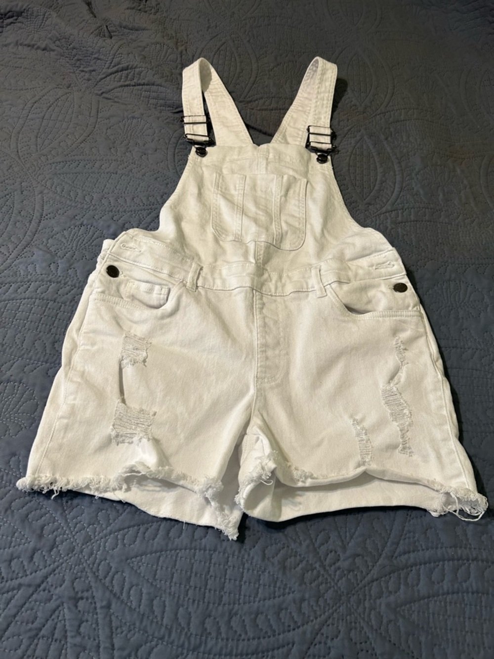 White Distressed Denim Short Overalls size 6